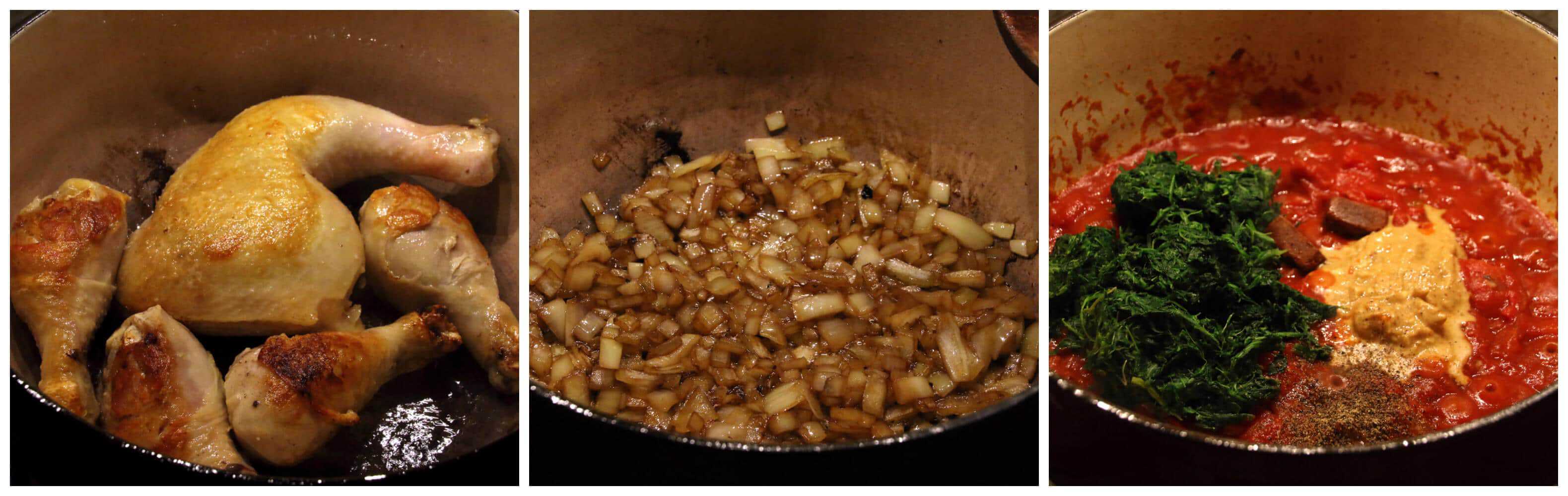 cooking chicken and other ingredients in pot