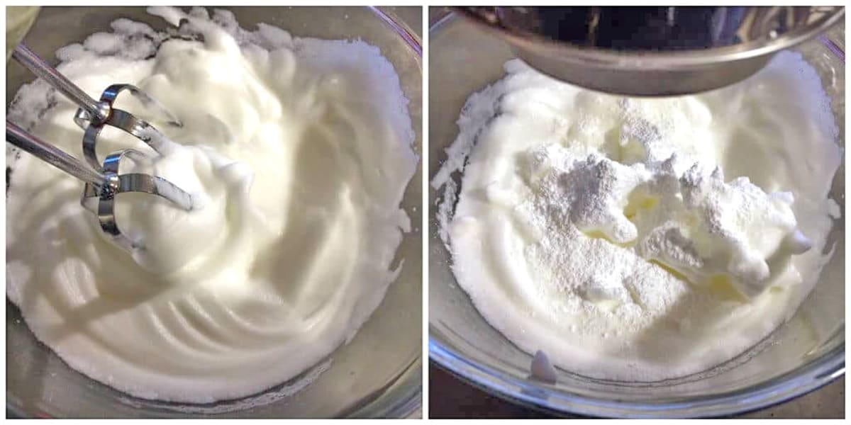 beating egg whites in bowl and adding sugar