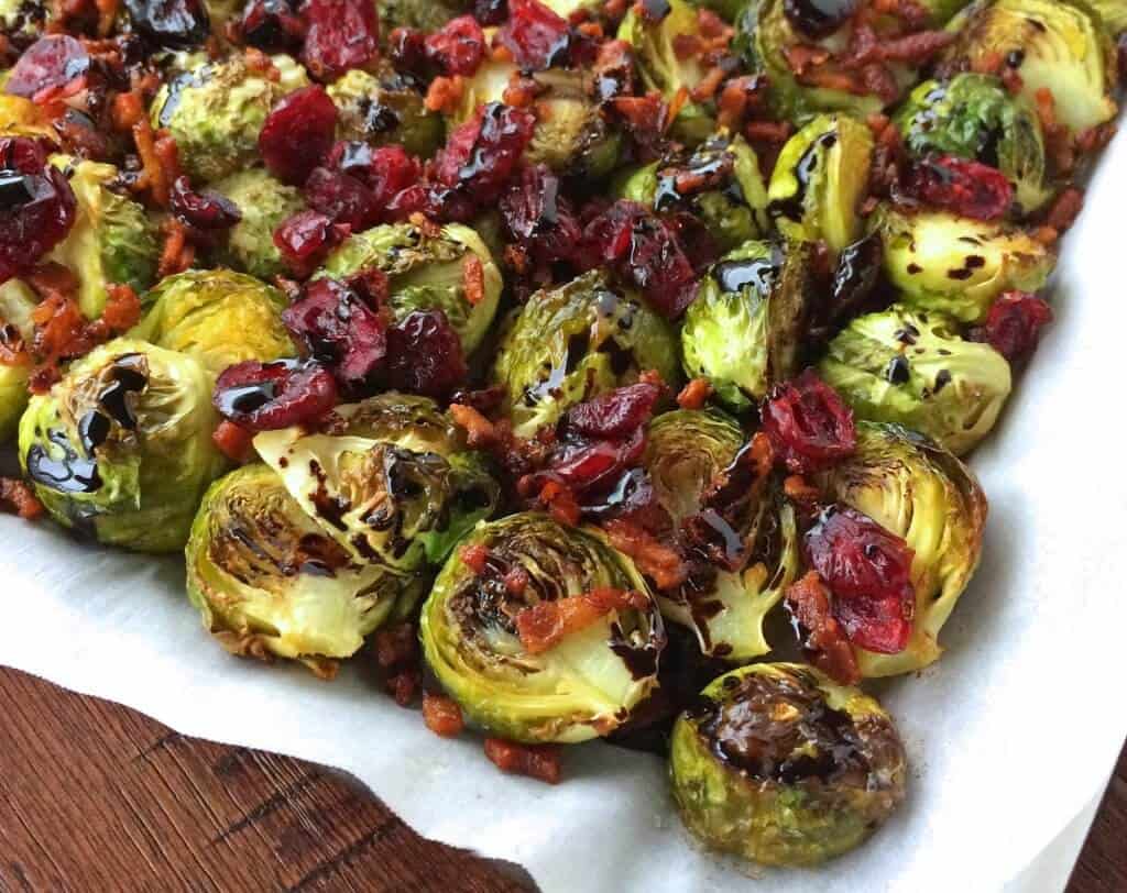 Roasted Brussels Sprouts with Cranberries, Bacon & Balsamic Reduction