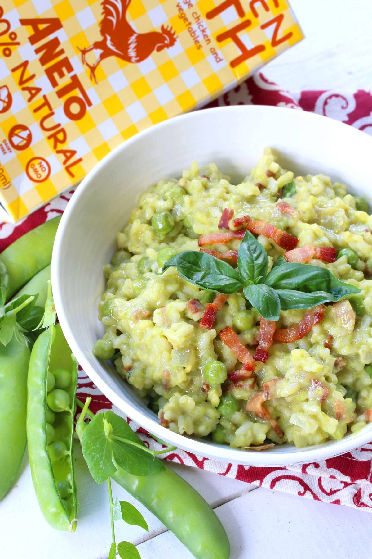 pea risotto recipe bacon basil parmesan cheese pancetta aneto broth