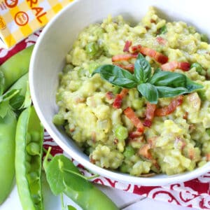 pea risotto recipe bacon basil parmesan cheese aneto broth