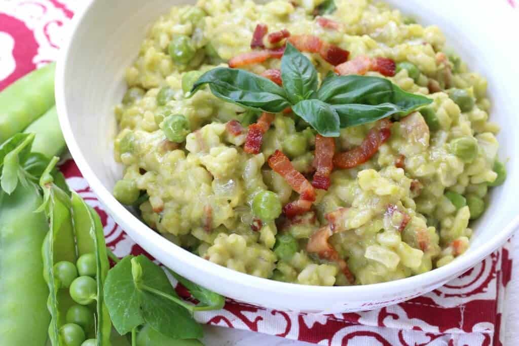 pea risotto recipe basil bacon pancetta wine aneto broth