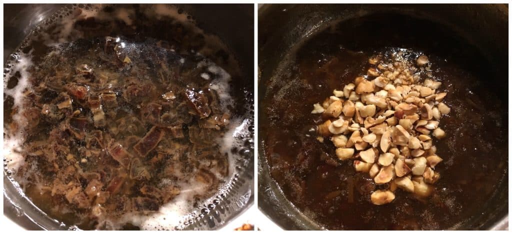 simmering the dates and adding the hazelnuts