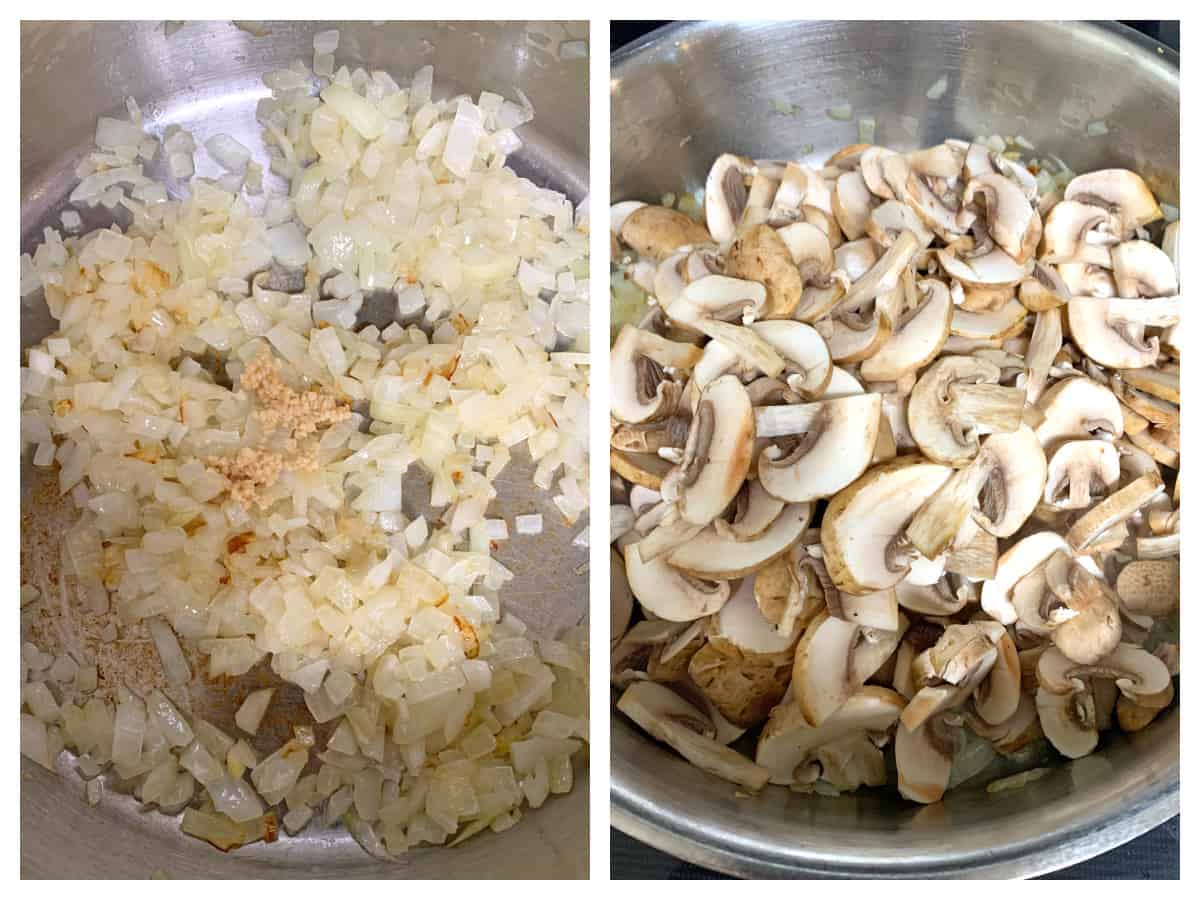 cooking onions and mushrooms in skillet