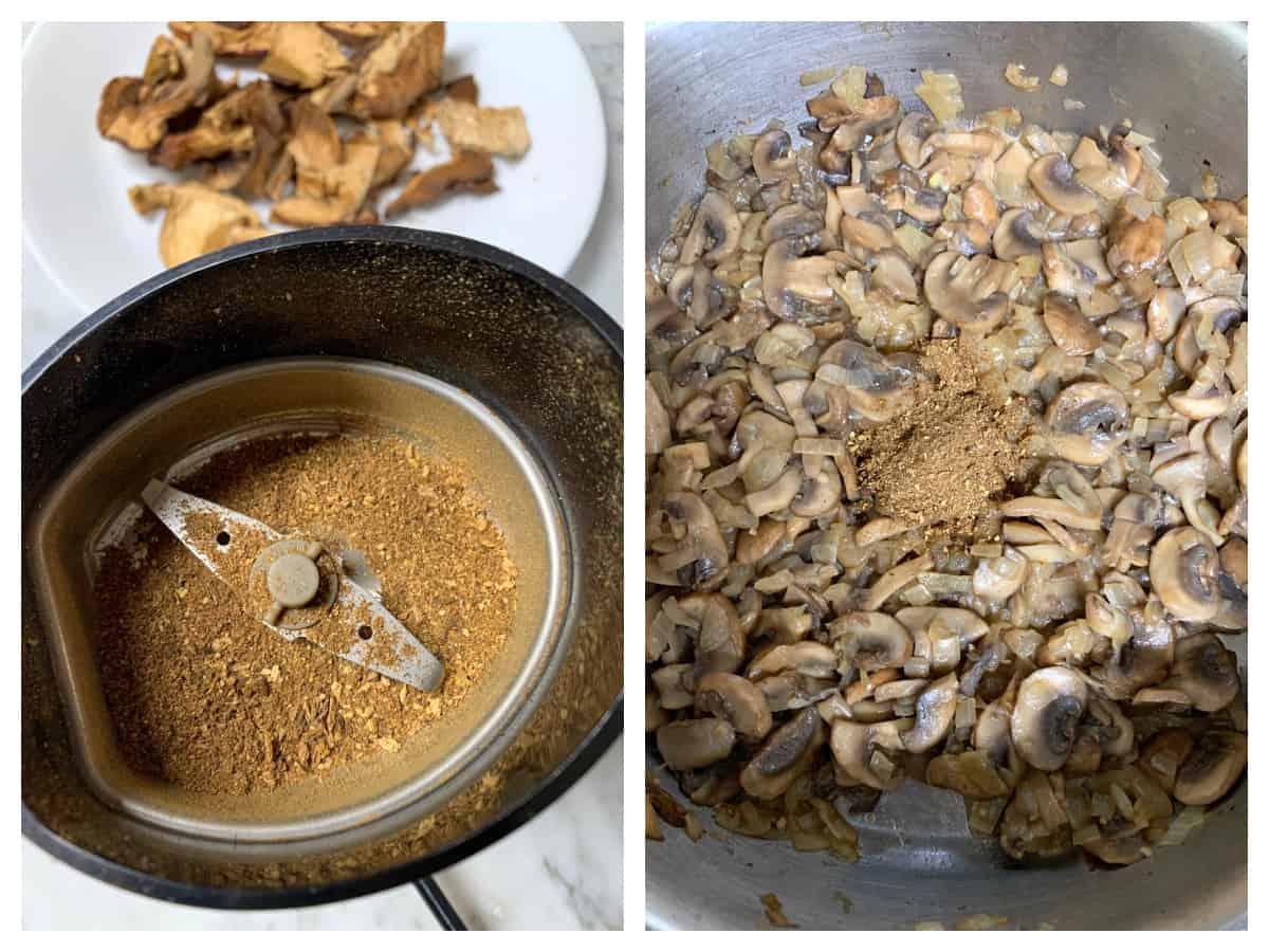 adding ground porcini to skillet