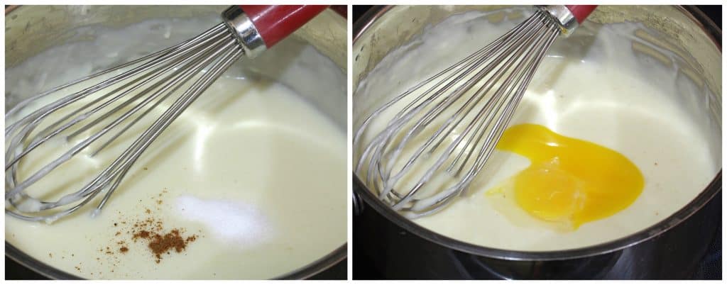 whisking in spices and egg yolks
