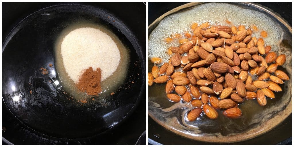 melting sugar in pan and adding the nuts