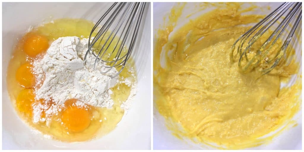 whisking eggs and flour together