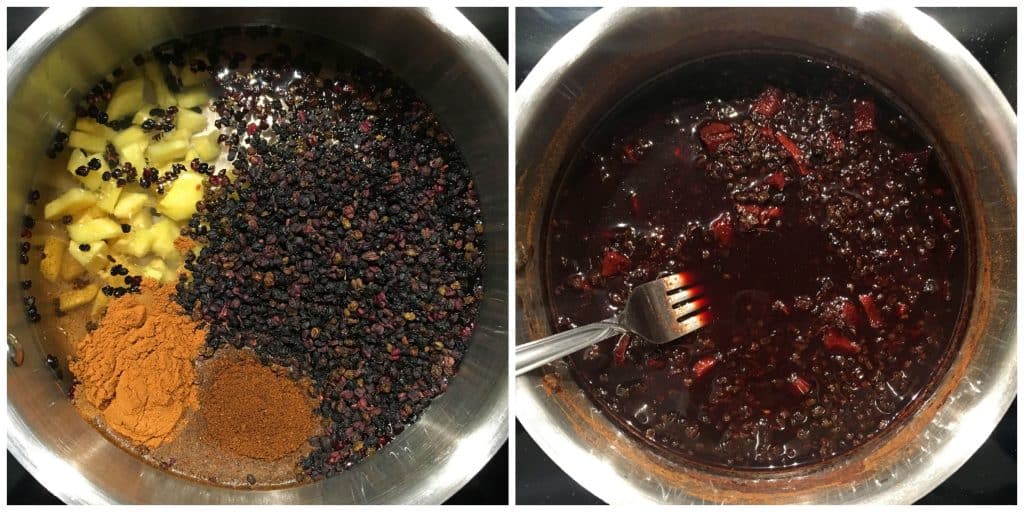 simmering the elderberry syrup and mashing the berries