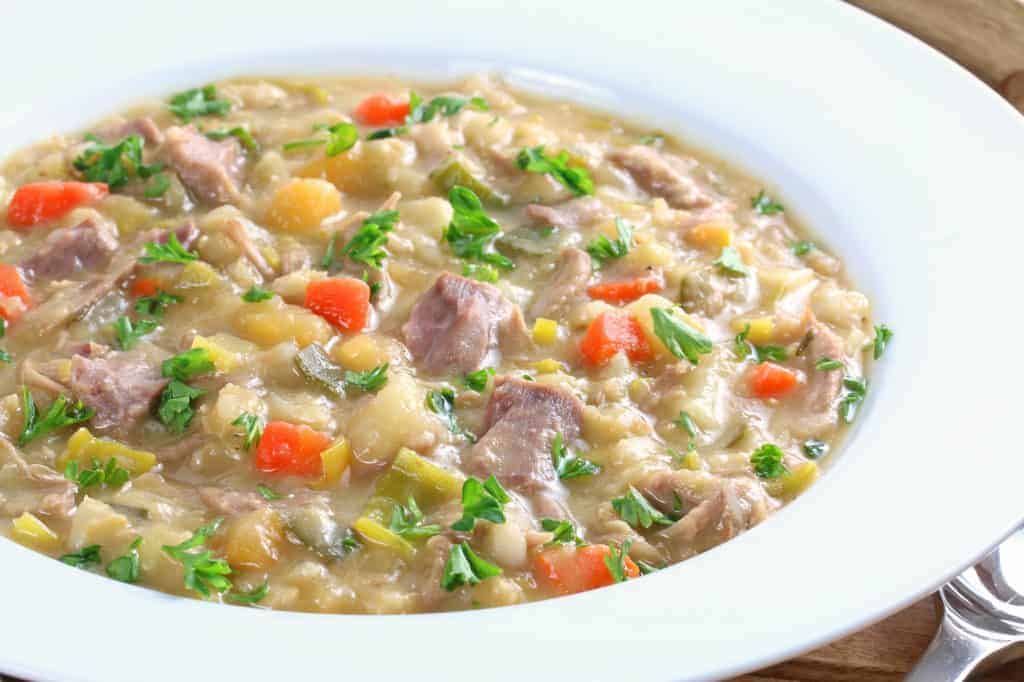traditional authentic scotch broth recipe lamb beef leek cabbage turnips rutabagas parsnips vegetables healthy barley split peas aneto