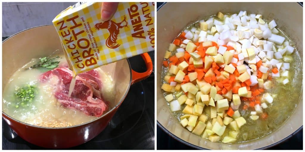 adding broth and vegetables to pot