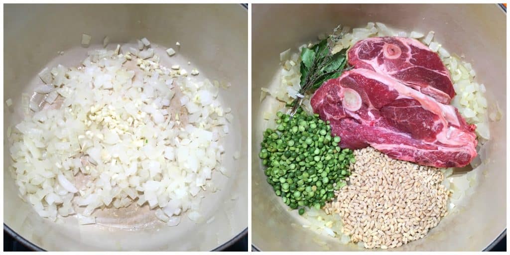 cooking onions and adding meat and grains to pot