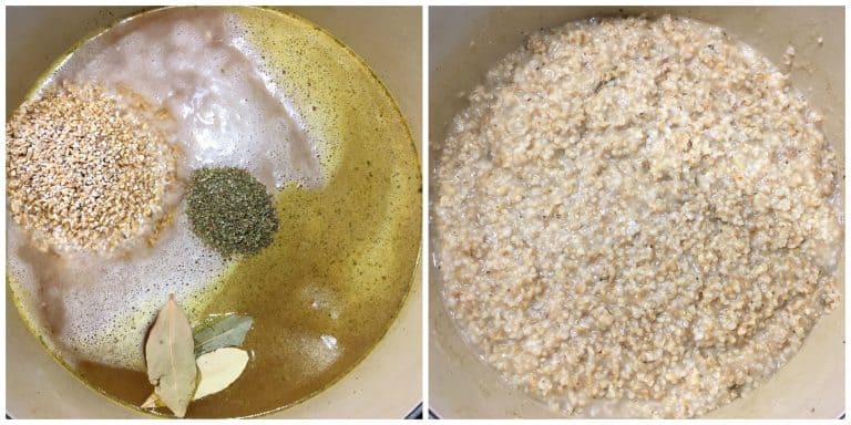 adding oats broth and herbs to pot