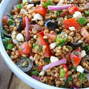 Greek wheat berry salad recipe healthy vegan vegetarian feta cheese olives tomatoes whole grain vegetables