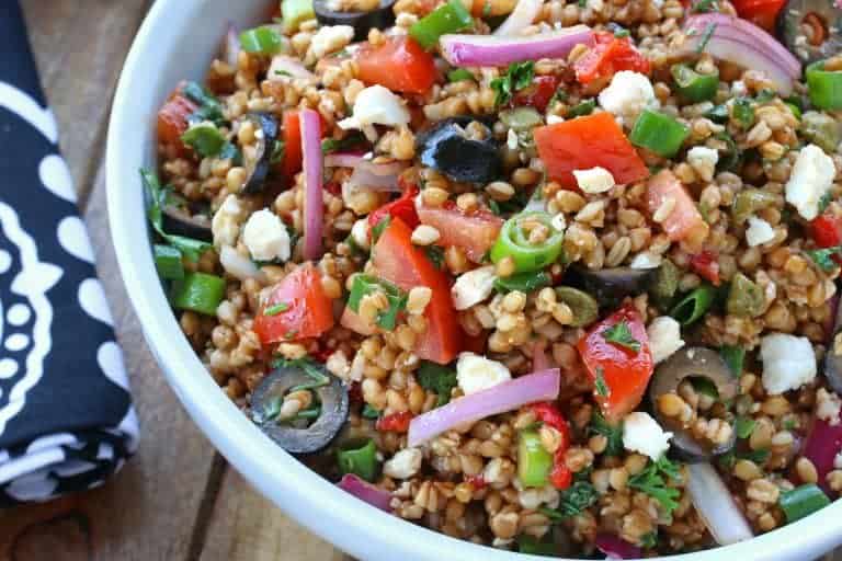 Greek wheat berry salad recipe healthy vegan vegetarian feta cheese olives tomatoes whole grain vegetables