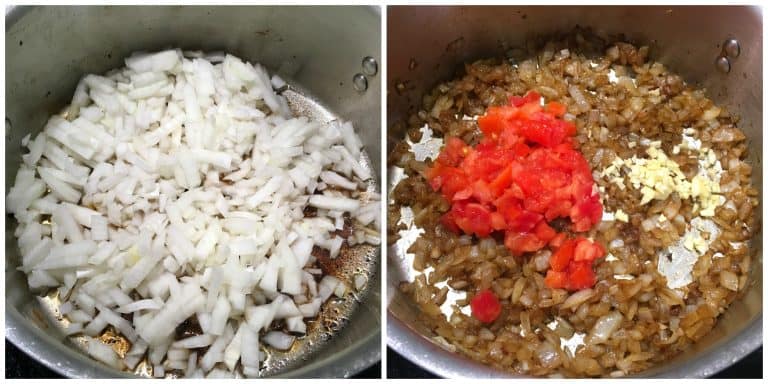 adding onions tomatoes and garlic