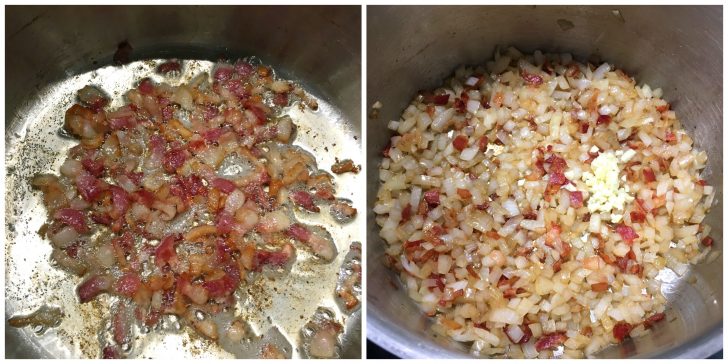 frying bacon and onions