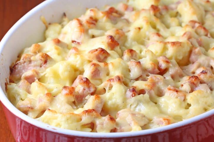 cauliflower gratin recipe ham low carb bechamel cheese parmesan swiss creamy side dish