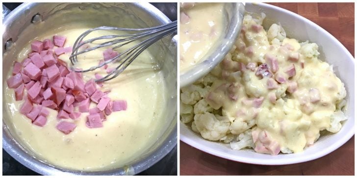 cauliflower gratin recipe ham low carb bechamel cheese parmesan swiss creamy side dish