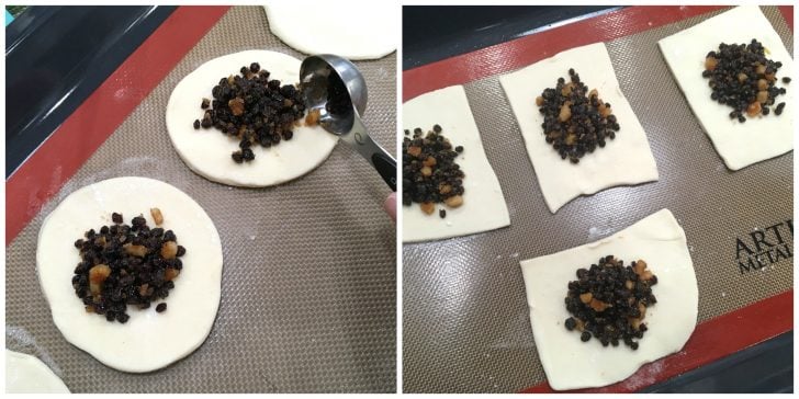 placing filling on the pastry sheets