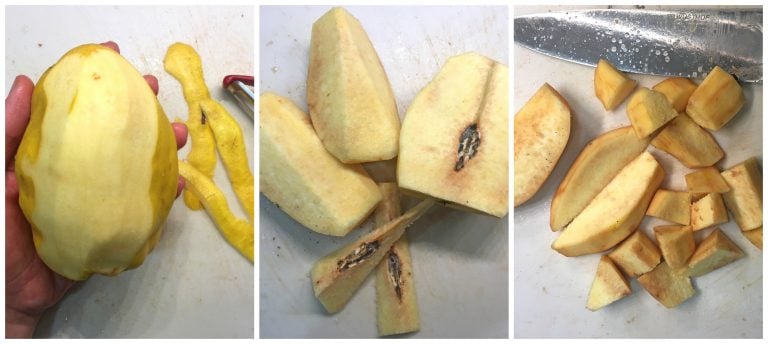 peeling and dicing the quince