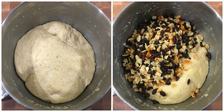 adding dried fruits and nuts to risen dough