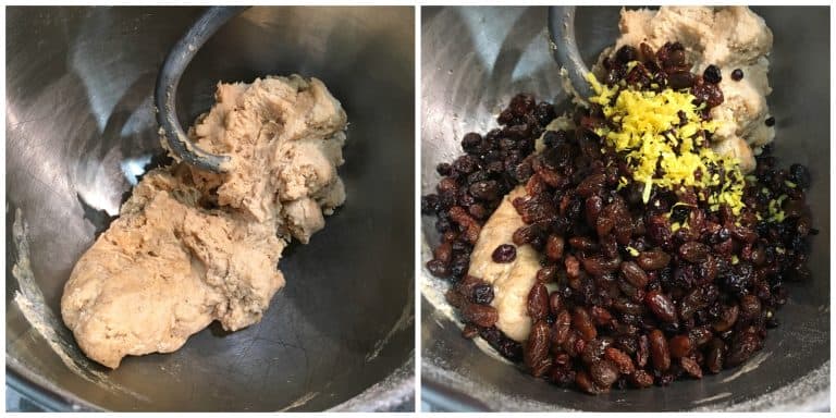 mixing dried fruits in dough