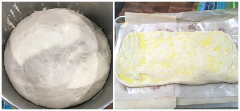 letting the dough rise and forming it into a rectangle with melted butter on top
