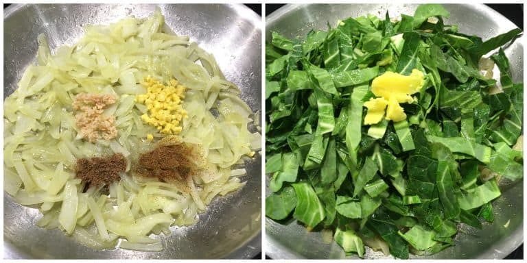 adding seasonings and collards