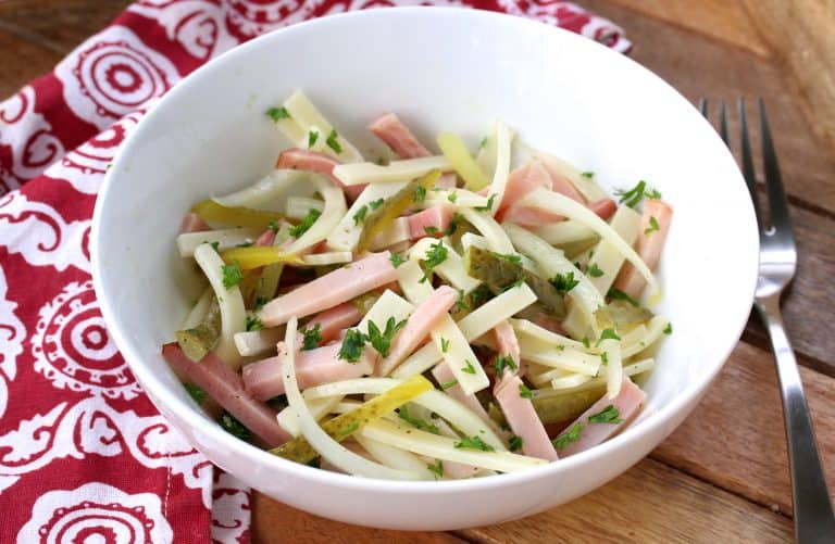 wurstsalat recipe swiss bavarian sausage salad cheese emmentaler pickles onion ham bologna