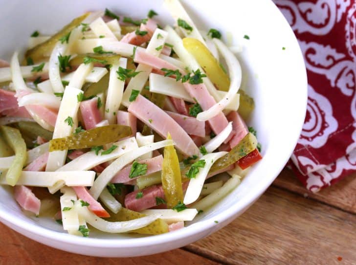 wurstsalat recipe swiss bavarian sausage salad cheese emmentaler pickles onion ham bologna