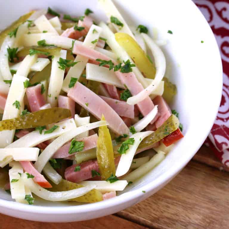 wurstsalat recipe swiss bavarian sausage salad cheese emmentaler pickles onion ham bologna