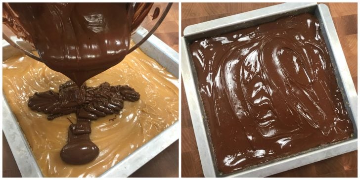 pouring chocolate over caramel layer for millionaire's shortbread