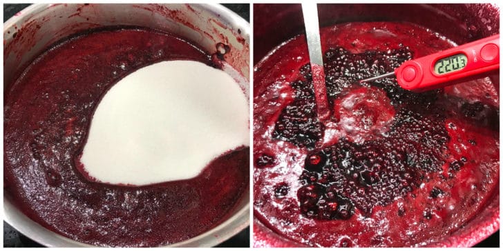 adding berries and sugar to pot checking temperature