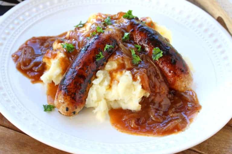 bangers and mash recipe best homemade authentic traditional onion gravy sausages