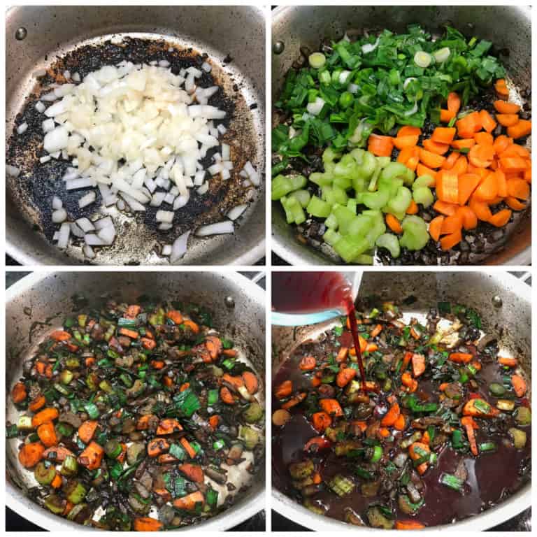 cooking the veggies and adding red wine