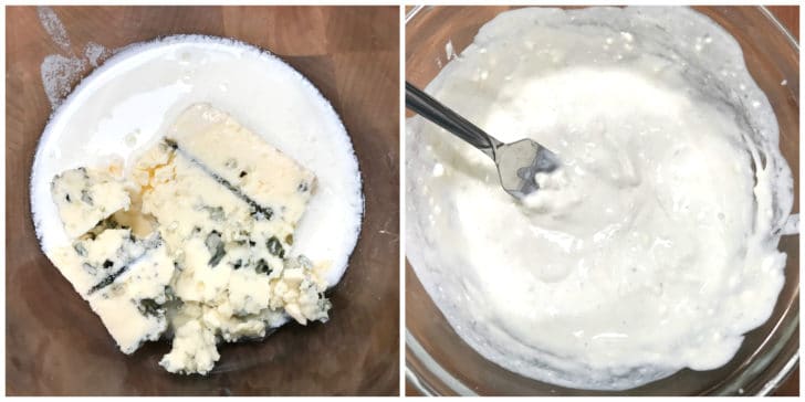 mashing blue cheese and buttermilk to make dressing