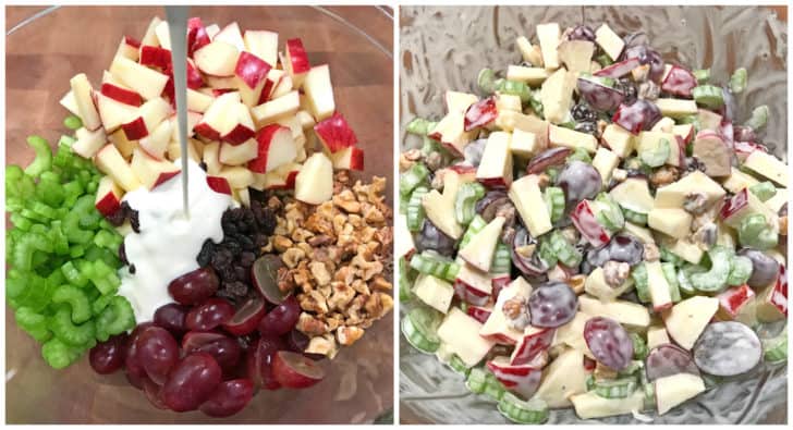 apples, celery, walnuts, grapes, raisins mixed with a mayonnaise dressing