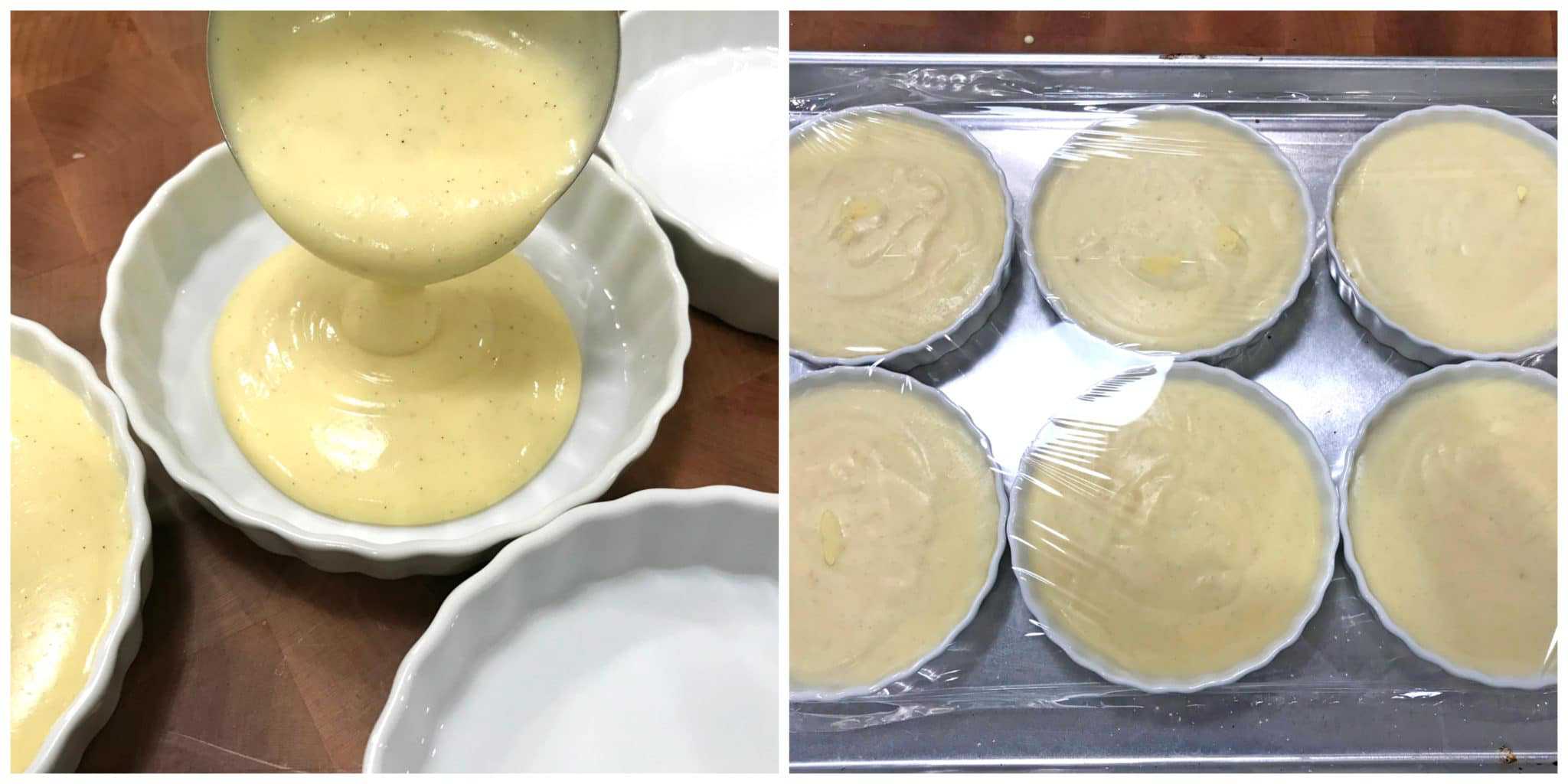 pouring custard into dishes
