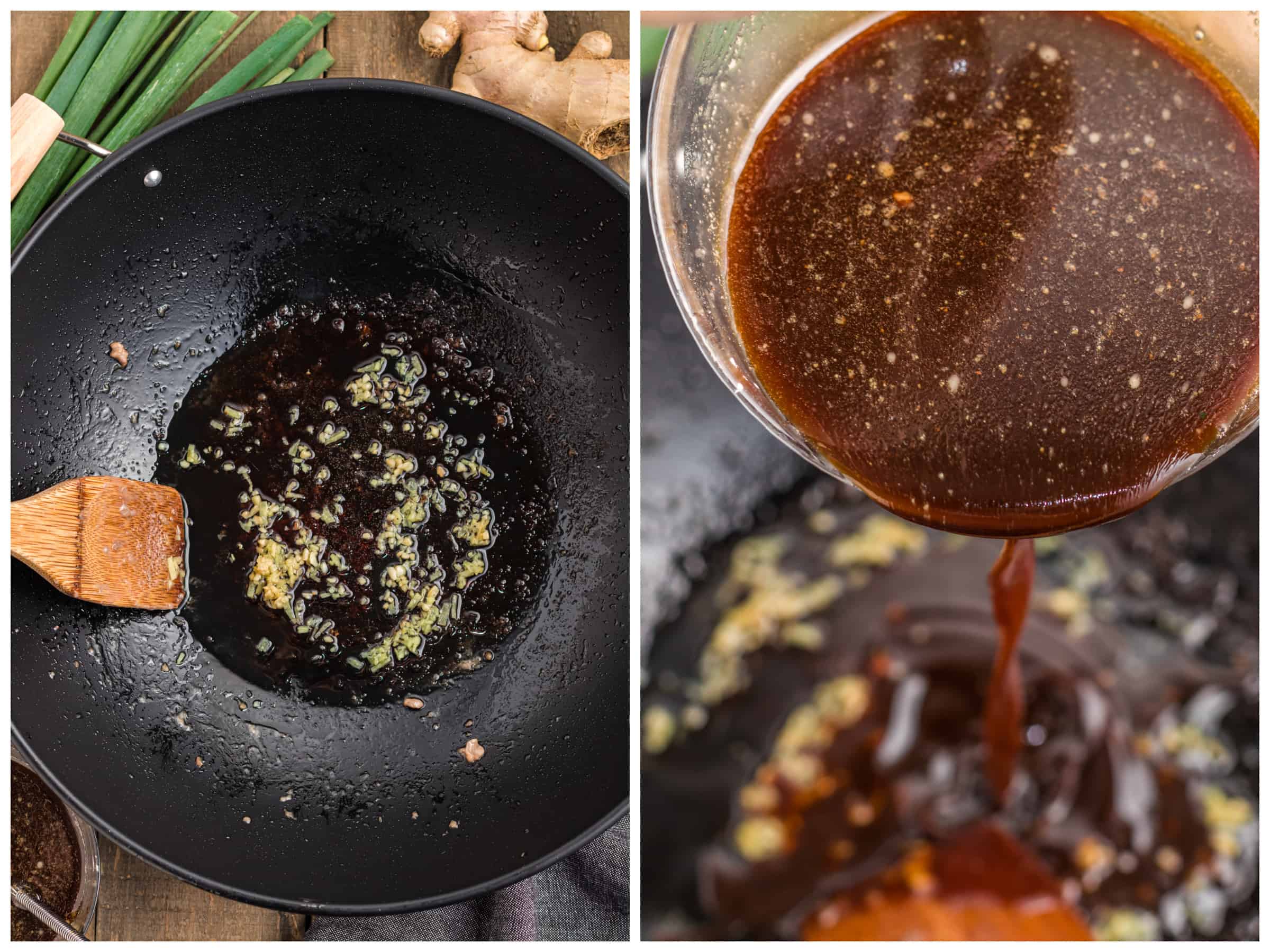 pouring sauce in pan