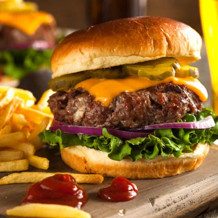 hamburger on wooden board