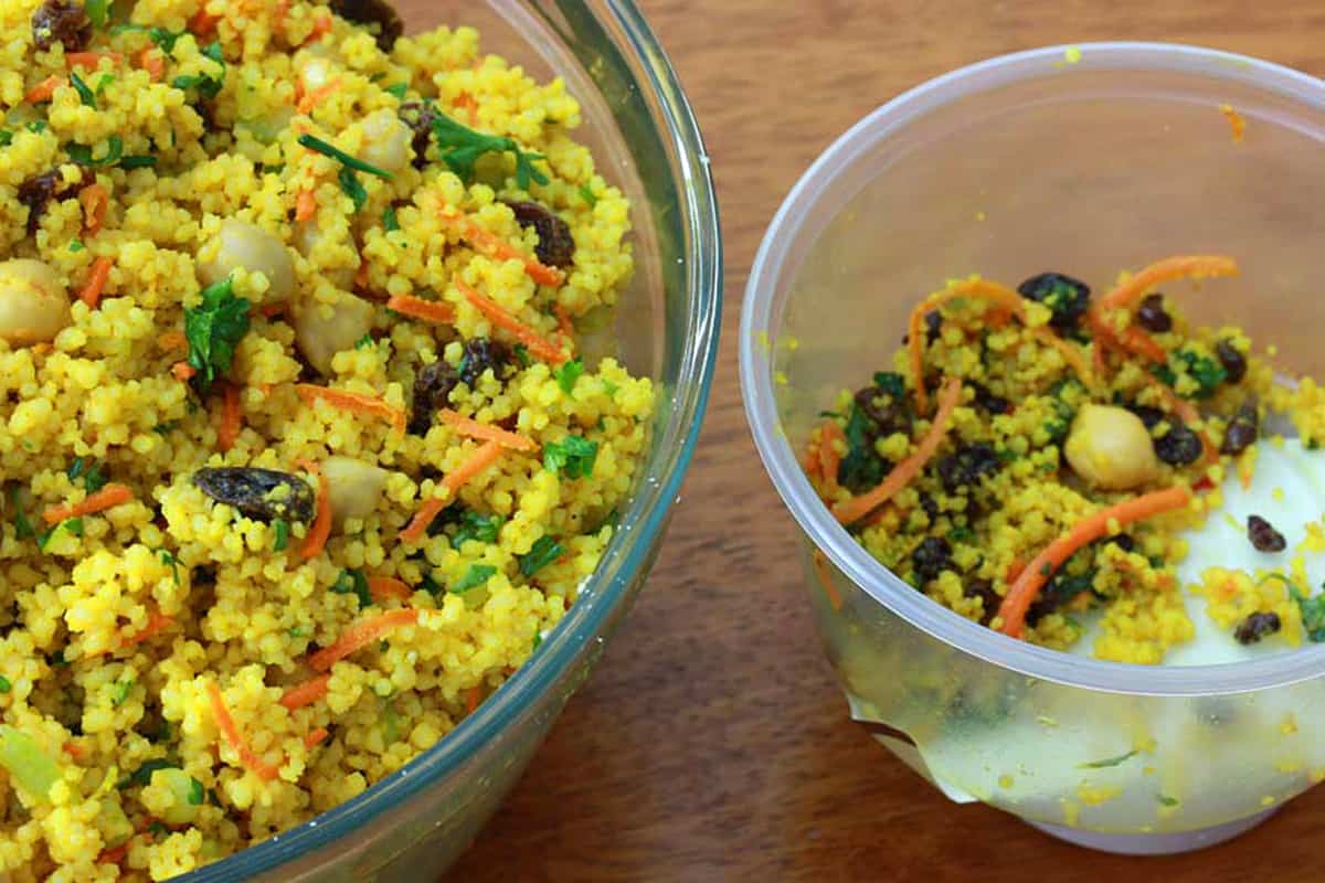 curried couscous salad recipe raisins honey sweet curry turmeric carrots garbanzo beans chickpeas deli copycat