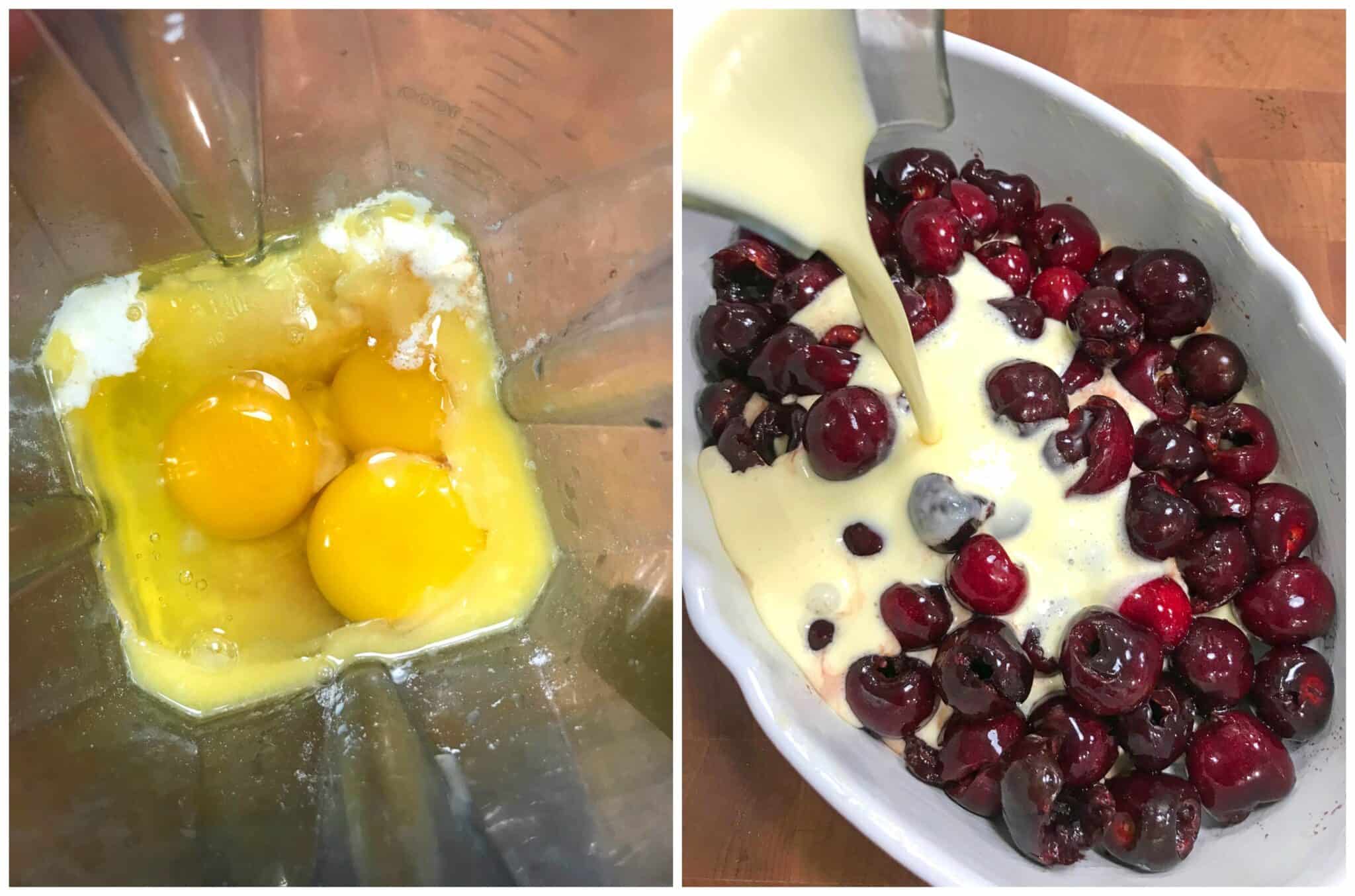 making batter and pouring into baking dish with cherries