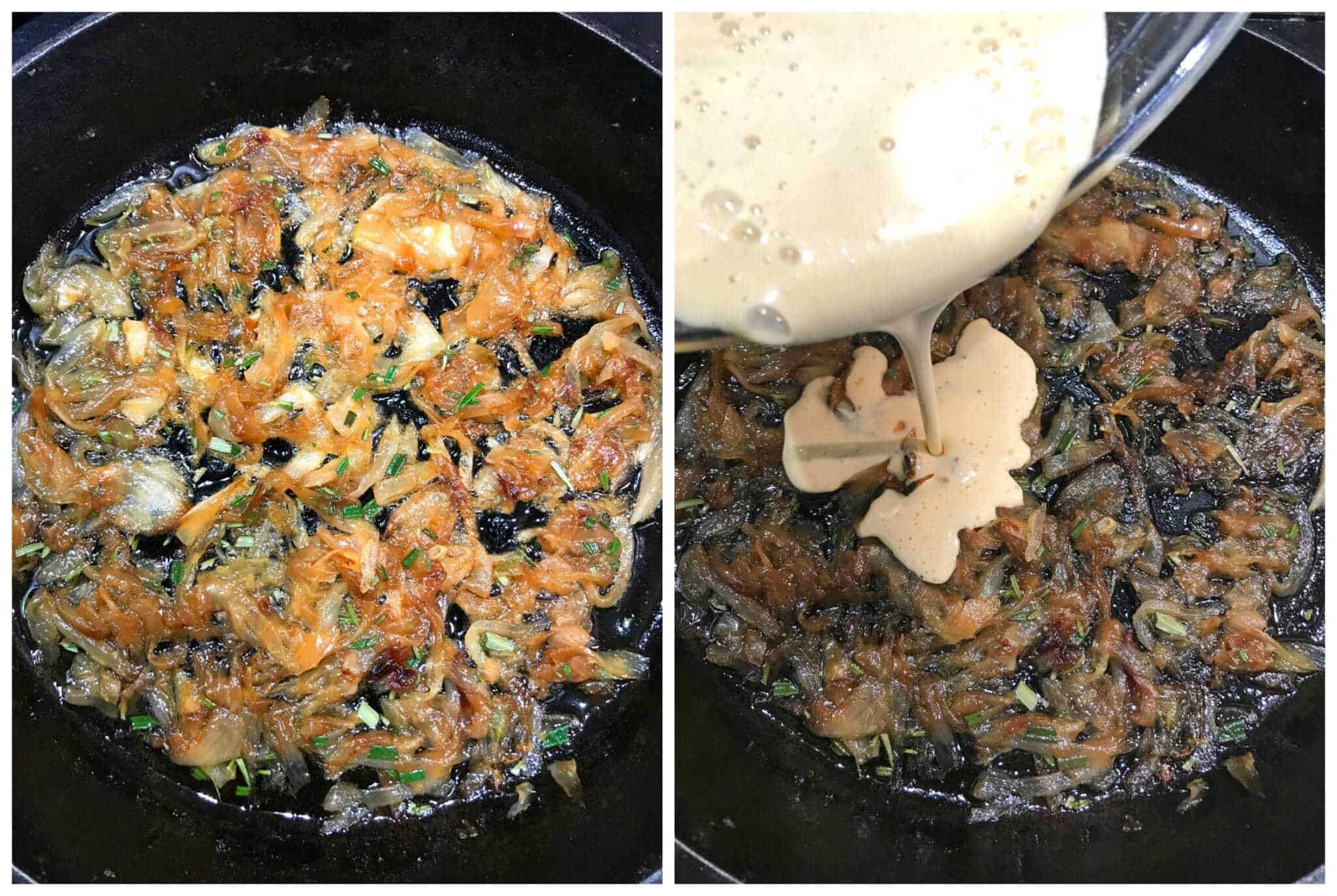 caramelizing the onions and pouring in the batter