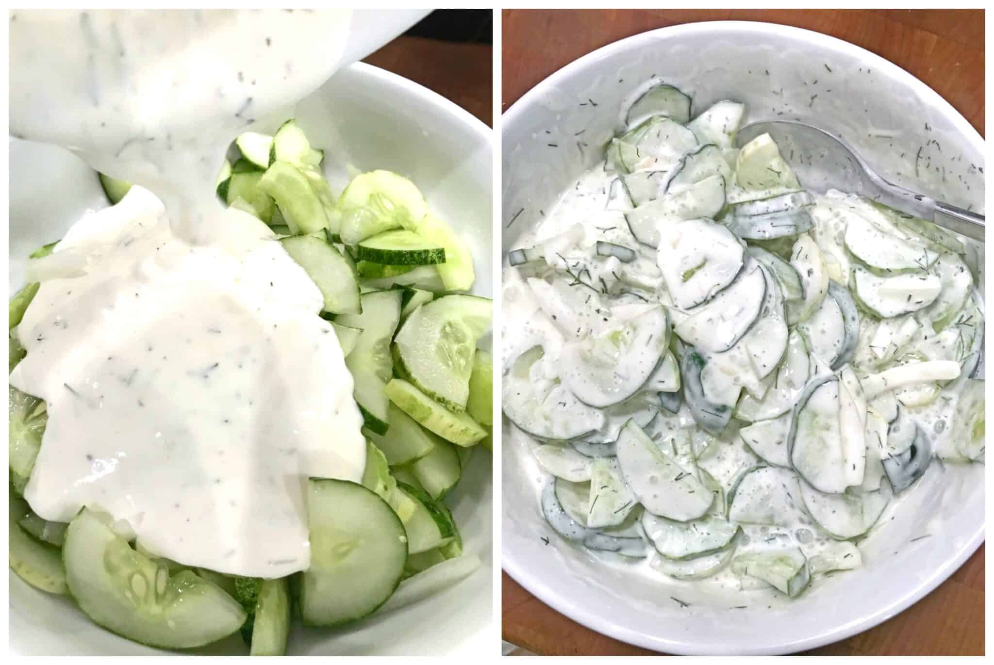 pouring dressing over the cucumbers