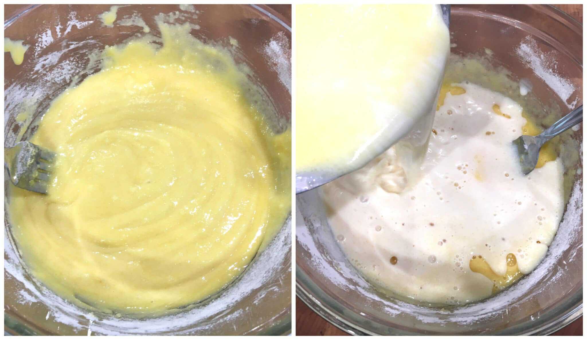 pour hot milk into flour mixture