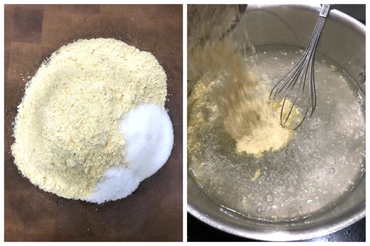 combining cornmeal with ingredients and whisking in boiling water