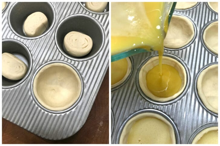 pouring custard into pastry shells