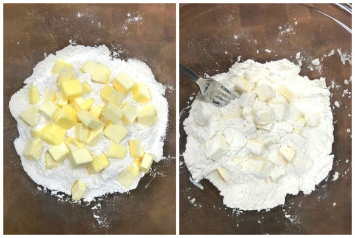 adding butter to flour