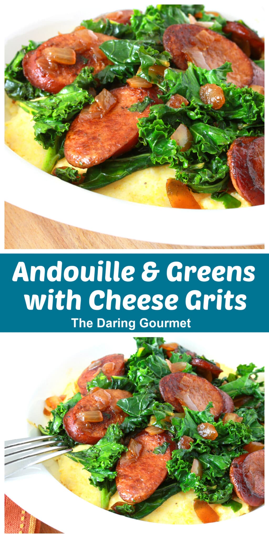 andouille sausage greens cheese grits collards kale Cajun seasoning